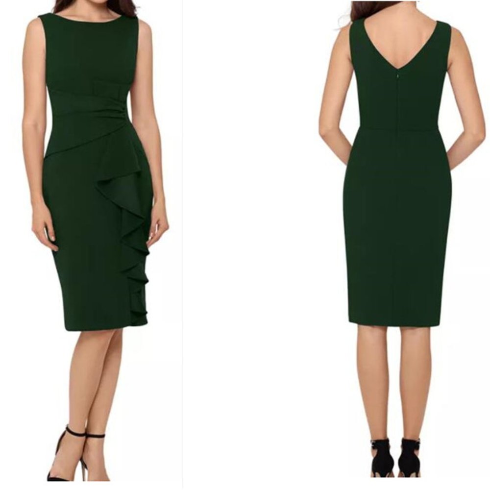 Betsy Adam Petite Cascade-Ruffle Sheath D Emerald